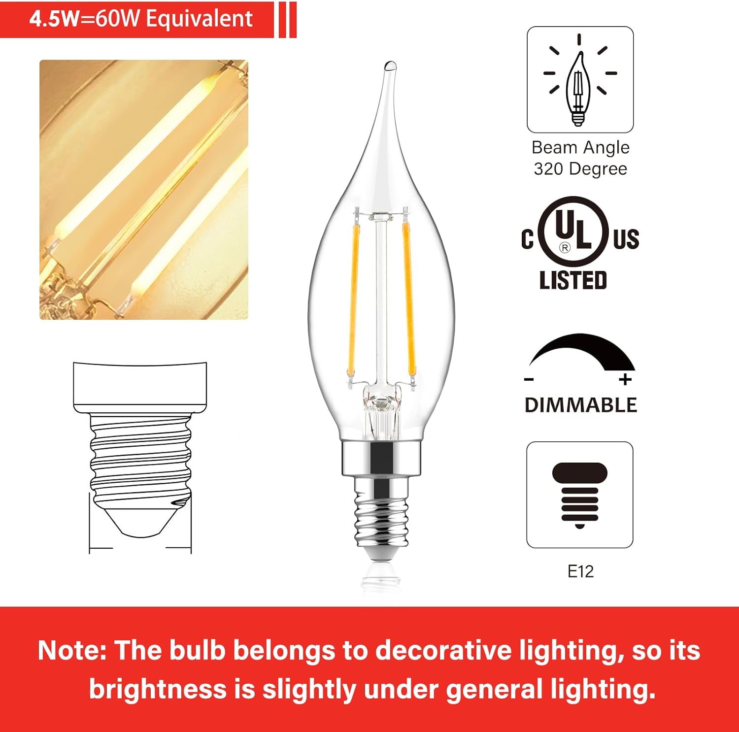 LED Candelabra Bulb 60W Equivalent Dimmable , 6 Pack